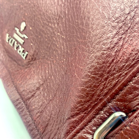 Auth Prada Burgundy Plum Cervo Shine Leather Double Zipper Shoulder Bag Preloved - Picture 7 of 16